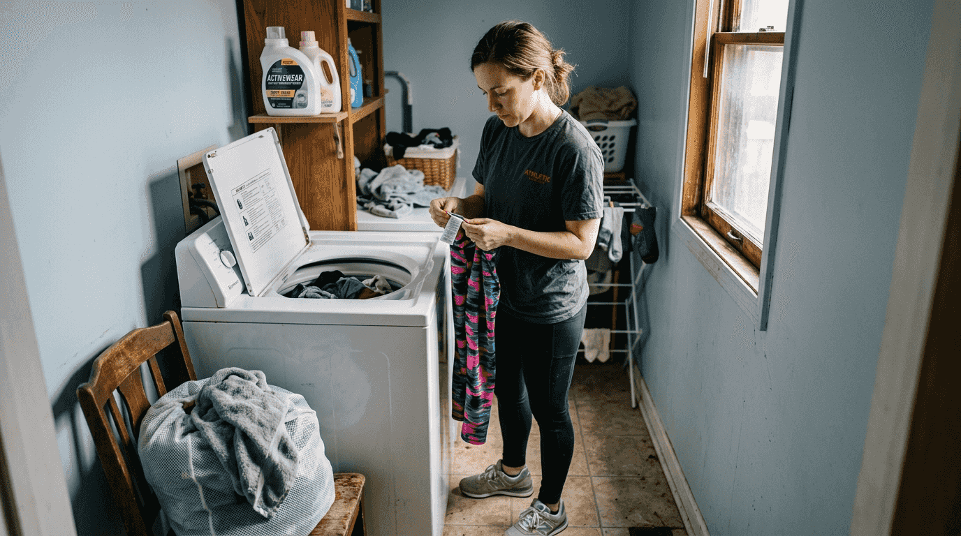 Woman checking workout clothes laundry labels
