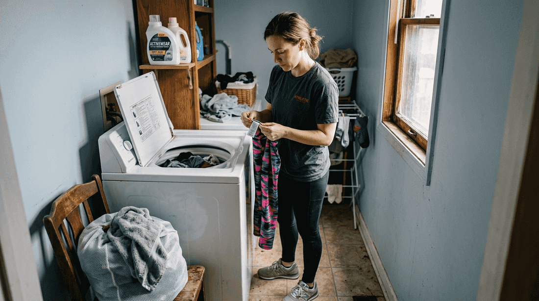 Woman checking workout clothes laundry labels