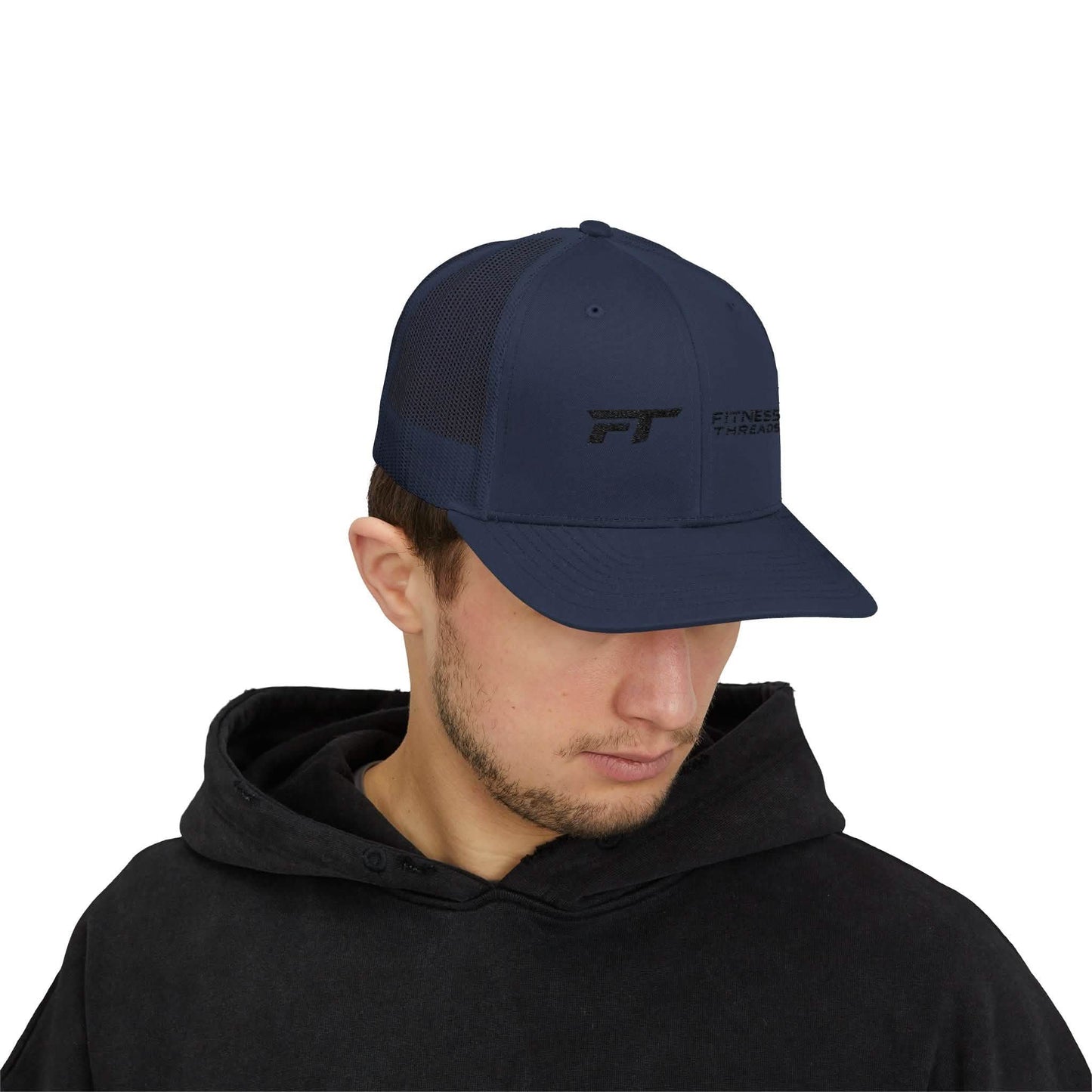 Navy Snapback Trucker Cap - Embroidered Black Logo