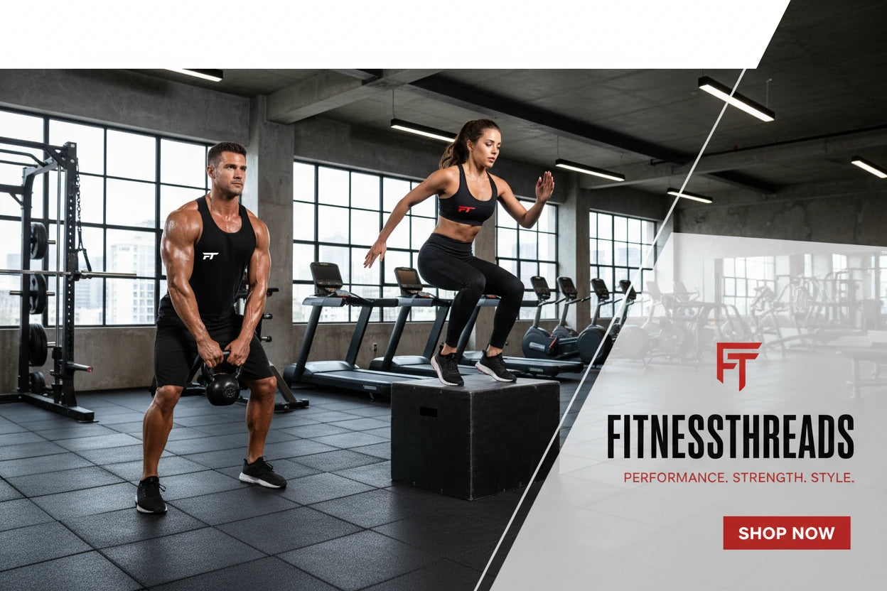Two people exercising in a gym with 'FitnessThreads' branding.